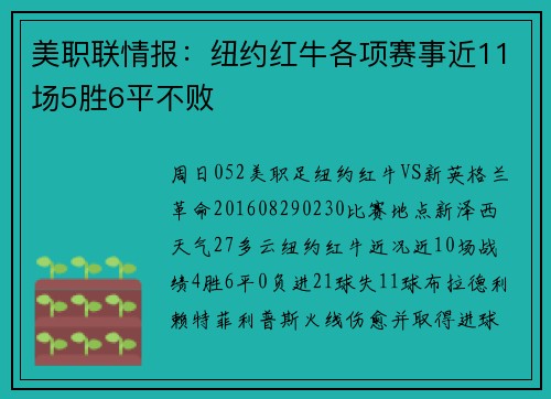 美职联情报：纽约红牛各项赛事近11场5胜6平不败
